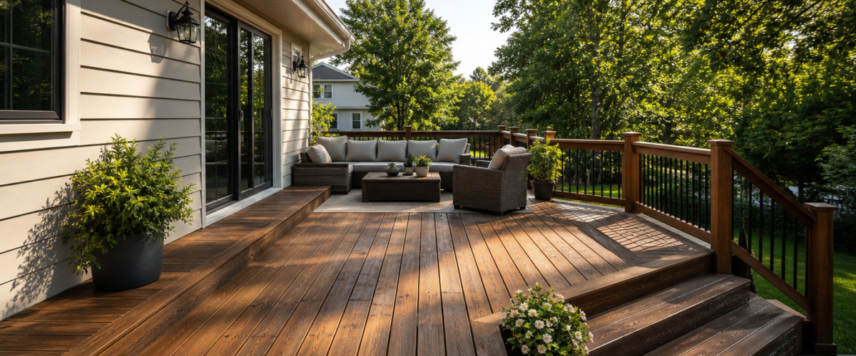Hyperrealistic backyard deck prepared for summer outdoor living