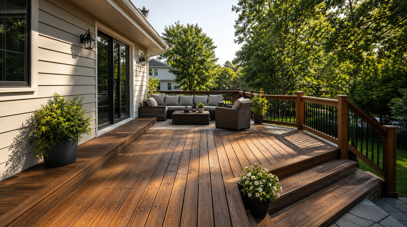 Hyperrealistic backyard deck prepared for summer outdoor living