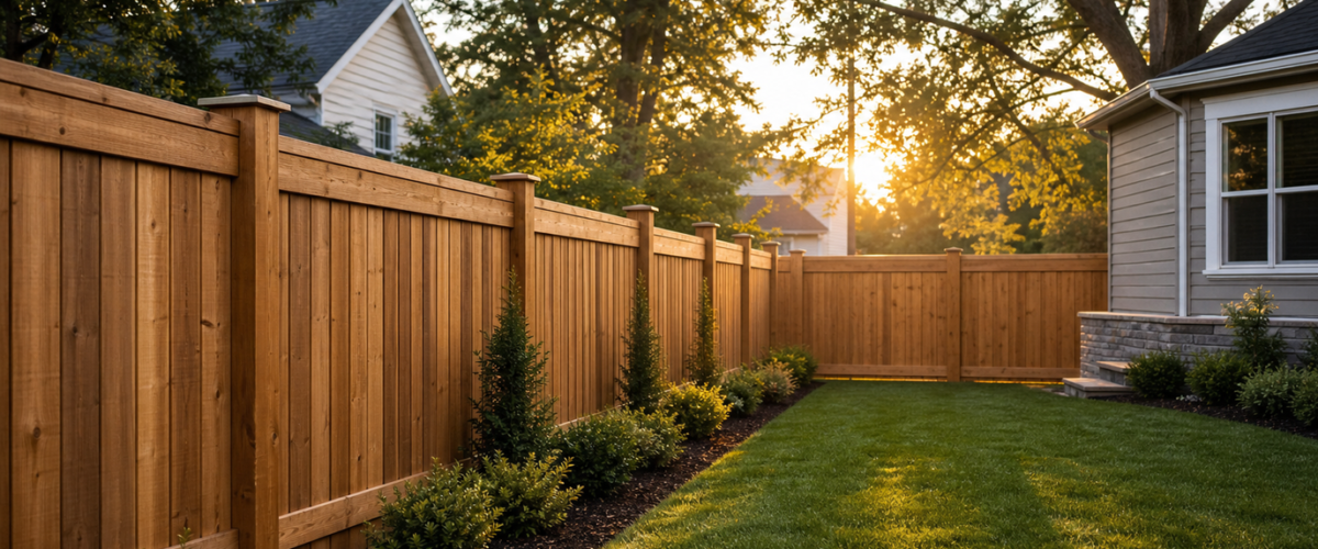 Hyperrealistic wooden privacy fence installed in a landscaped backyard