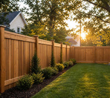 Hyperrealistic wooden privacy fence installed in a landscaped backyard