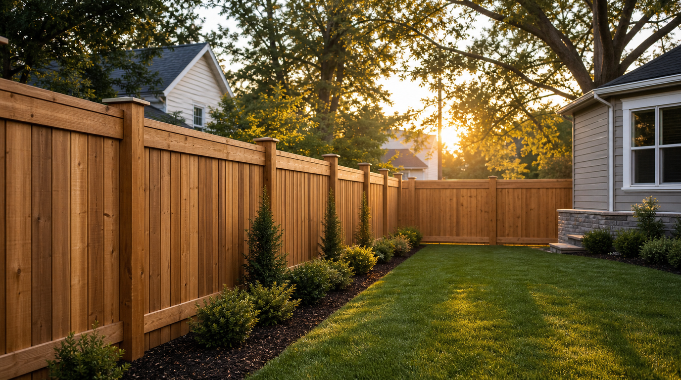 Hyperrealistic wooden privacy fence installed in a landscaped backyard
